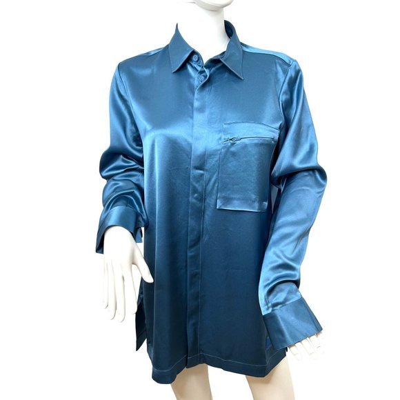 Adidas x Yohji Yamamoto Women’s Y-3 Tech Silk Shirt Blue XS Long Sleeves Collar - Picture 1 of 16